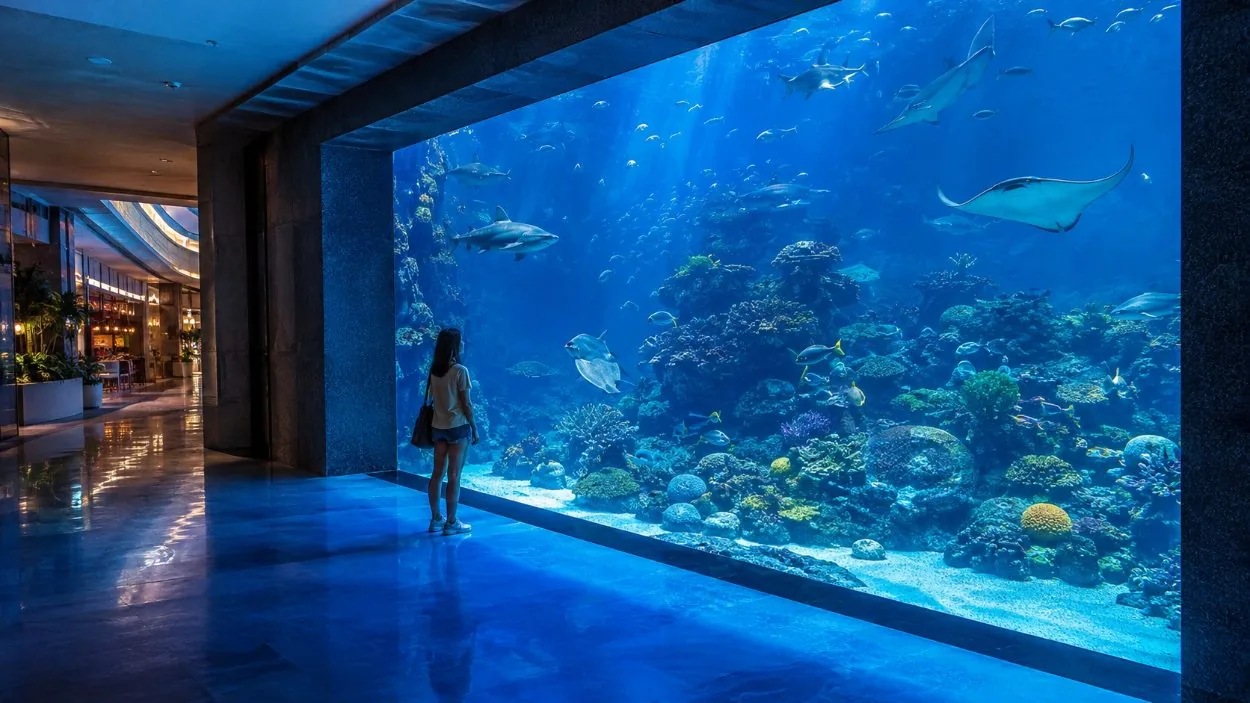 Ein Besucher an einem großen Aquarienfenster mit Haien und Rochen