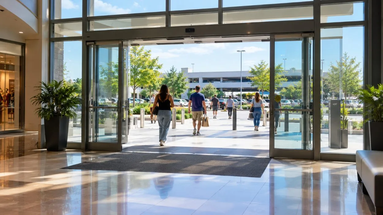 Portes d’entrée en verre ouvertes d’un centre commercial sans guichet