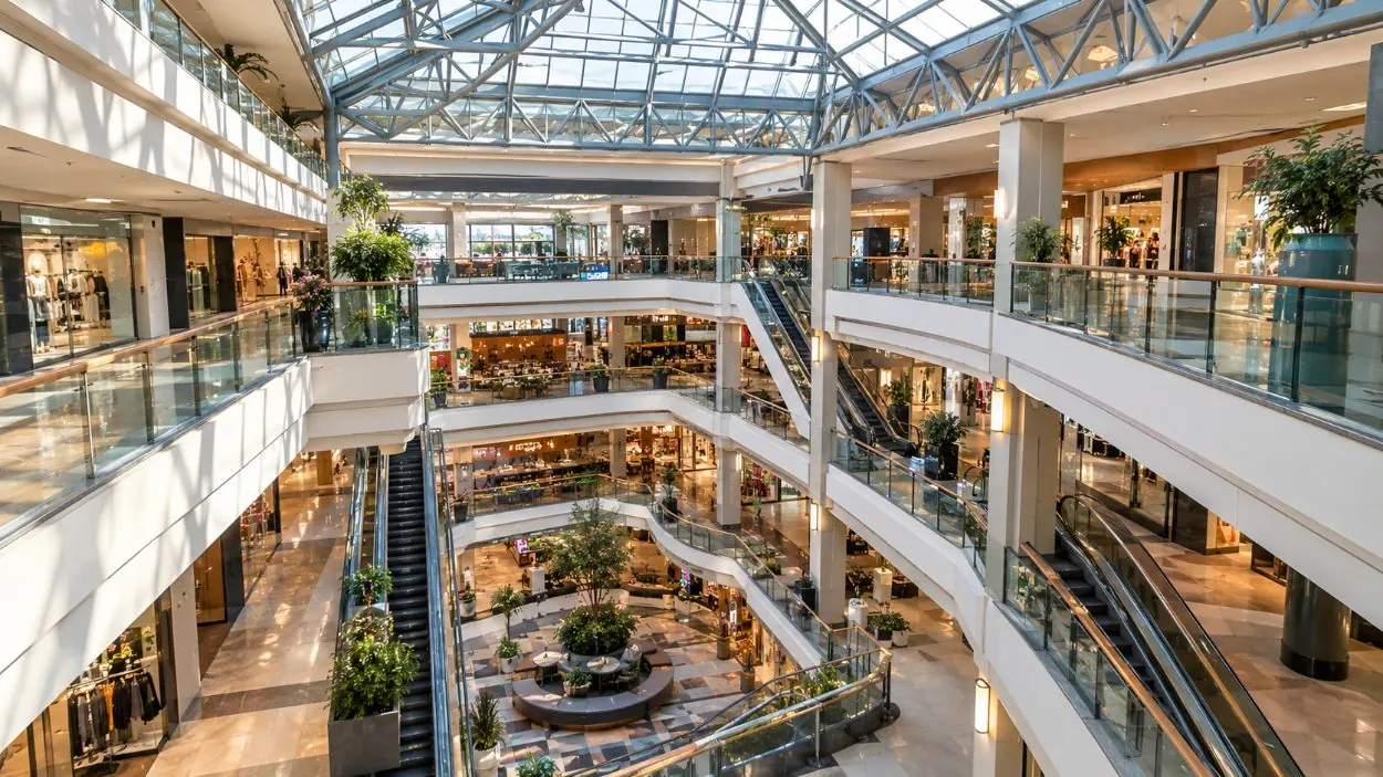 Cerchas de tragaluces, balcones y escaleras mecánicas de un vasto atrio de centro comercial vistos desde arriba
