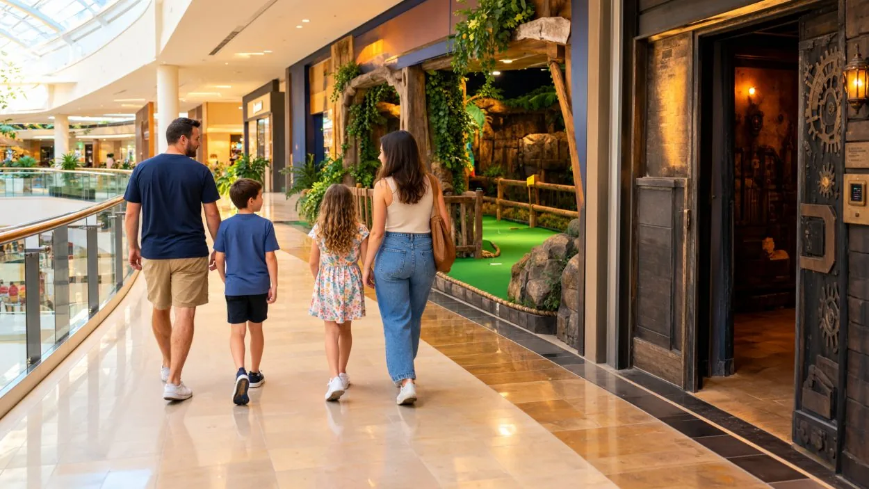 Une famille marchant à l’étage supérieur d’un centre commercial devant les entrées des attractions