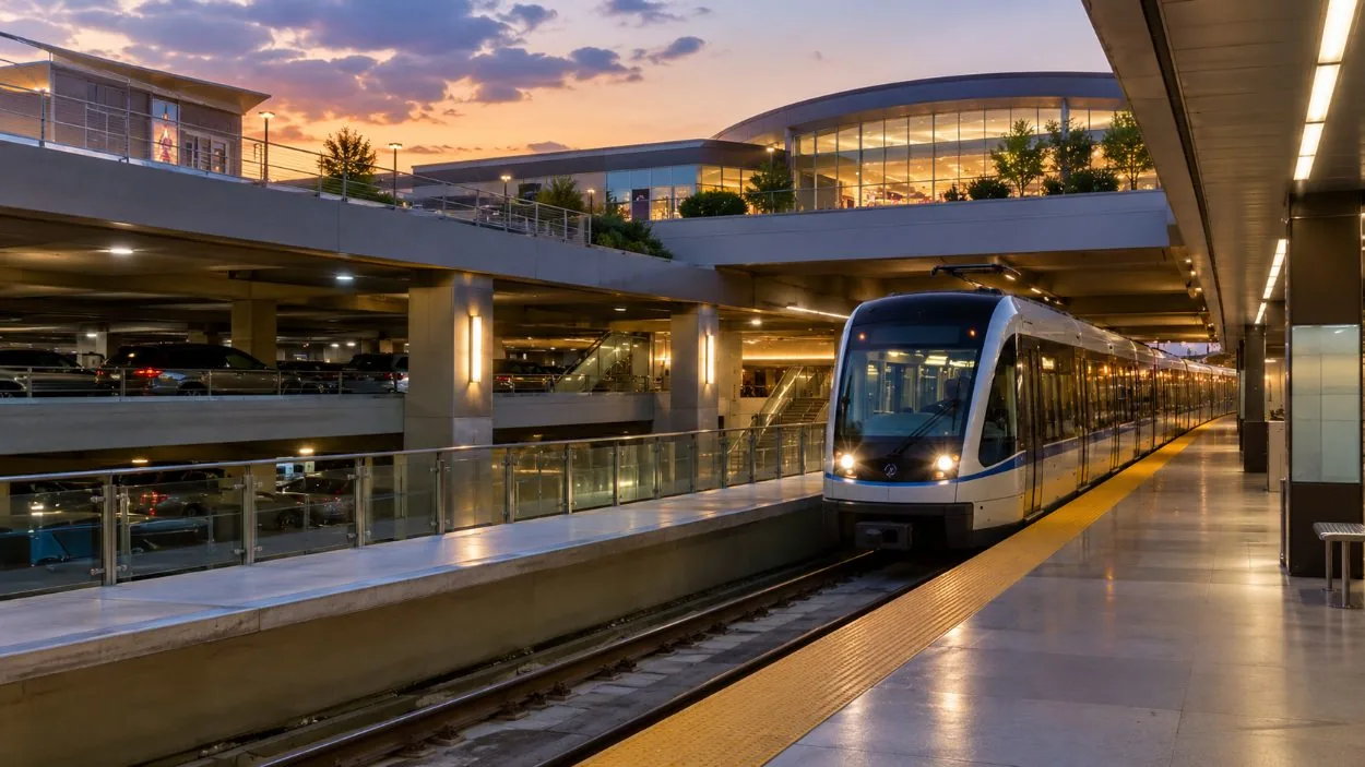 Ein Light-Rail-Zug an einer Station, die in eine Parkhausrampe neben dem Einkaufszentrum integriert ist