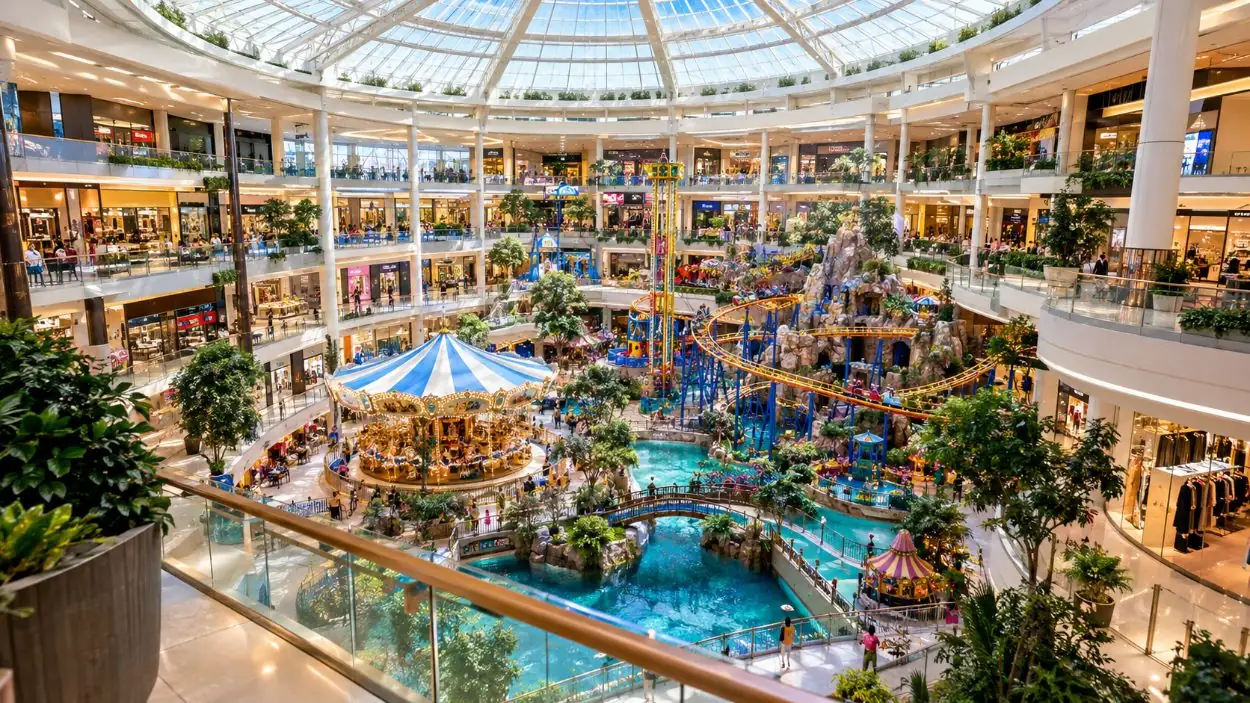 Ein weiter Blick über ein Einkaufszentrum-Atrium mit dem Freizeitpark in der Mitte und mehreren Ebenen mit Geschäften