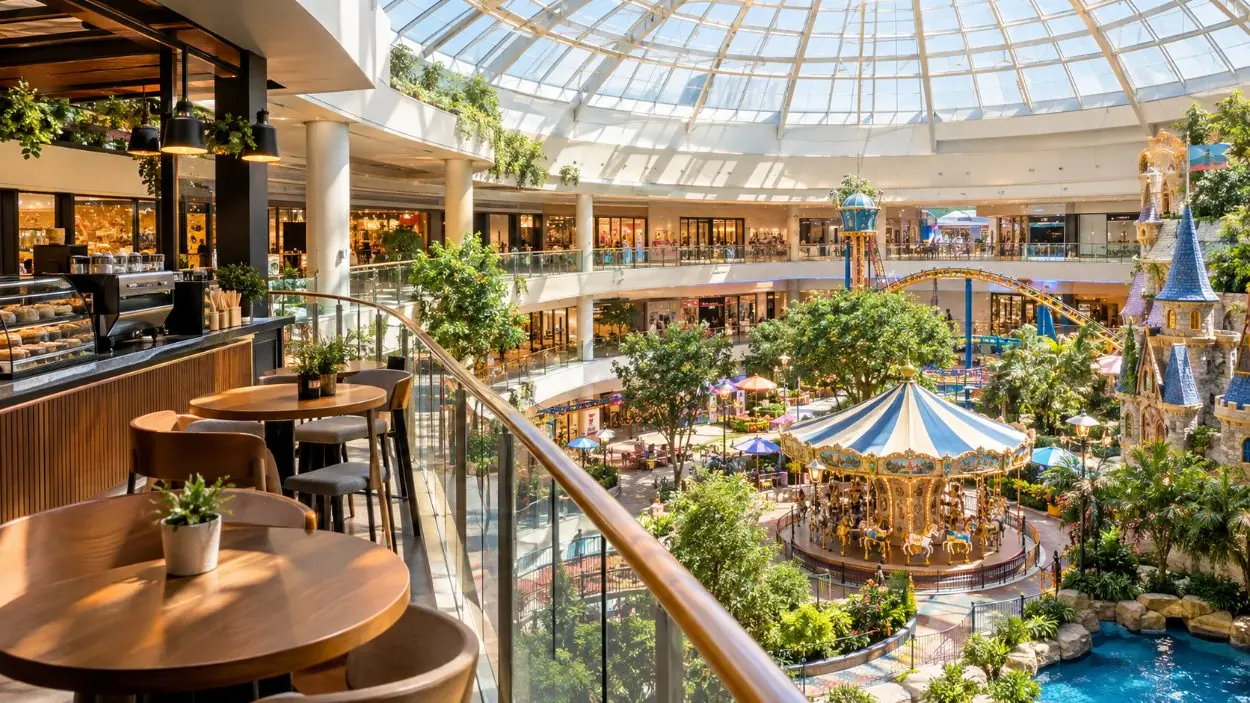 Lumière matinale dans un atrium du centre commercial avec le parc d’attractions en contrebas et un comptoir de café sur la balustrade