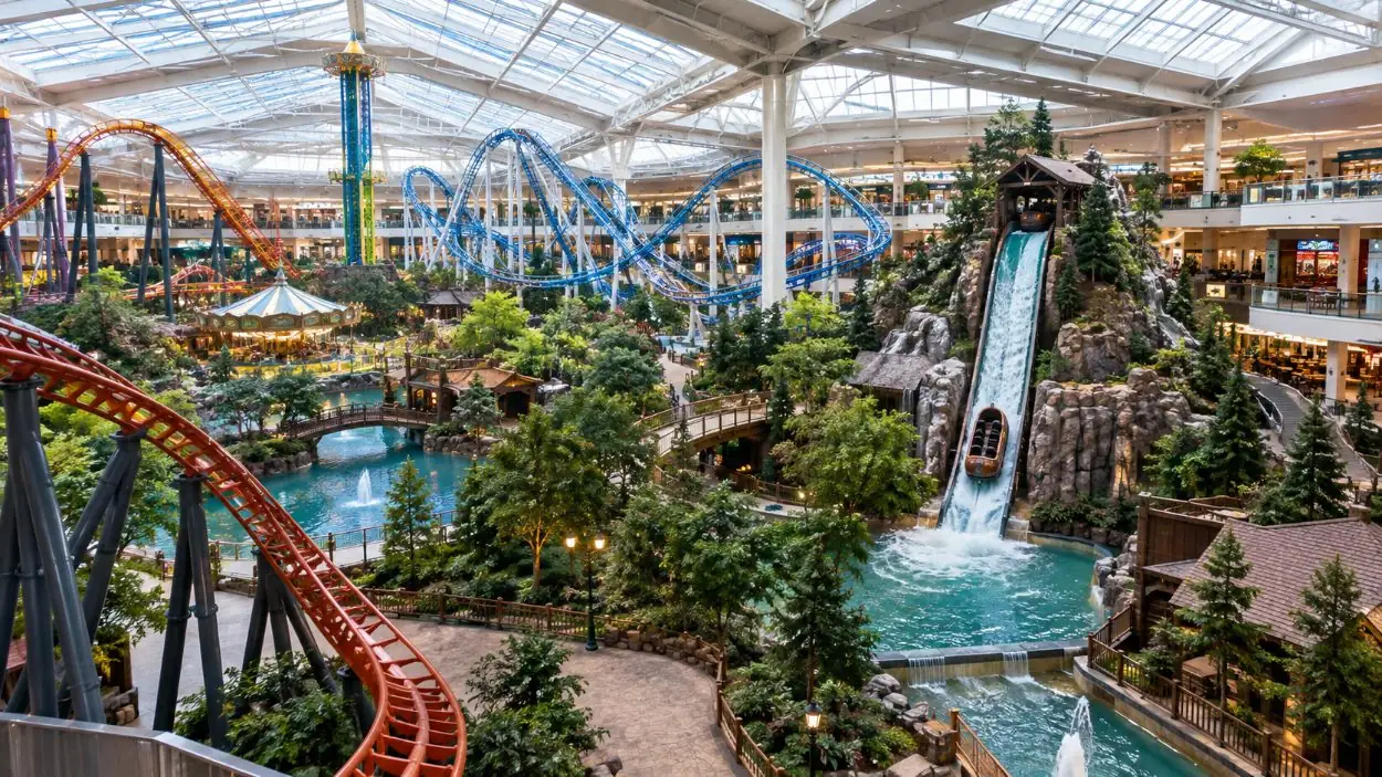 Achterbahnen, eine Holzstammbahn und Bäume unter den Oberlichtern eines Indoor-Themenparks