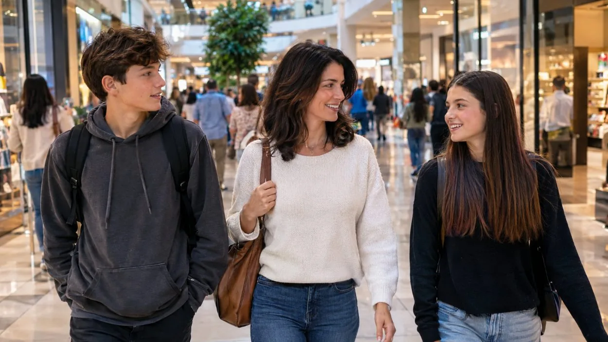 Un padre y dos adolescentes caminando juntos por un pasillo del centro comercial