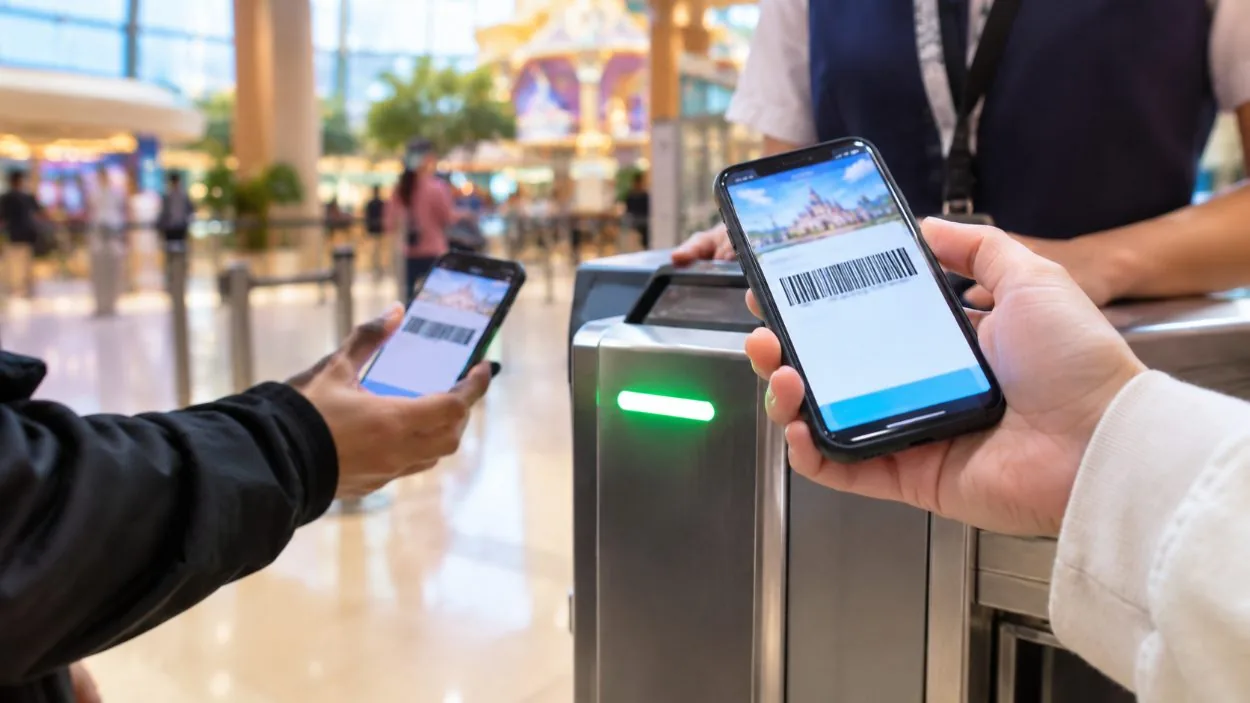 Besucher mit Handys, die E-Voucher-Barcodes am Eingang einer Attraktion vorzeigen