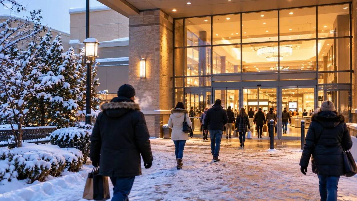 Une place d'entrée de centre commercial enneigée en hiver avec une lumière chaude à l'intérieur