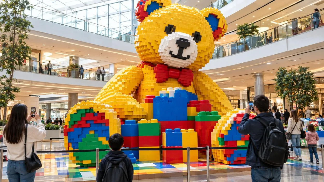 Una escultura gigante construida con ladrillos de juguete en un atrio del centro comercial