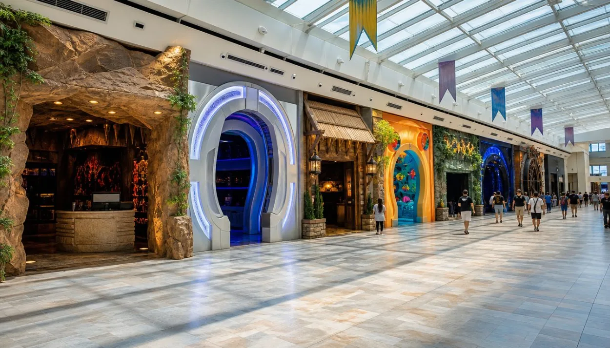Une rangée d’entrées d’attractions le long d’une galerie commerciale lumineuse