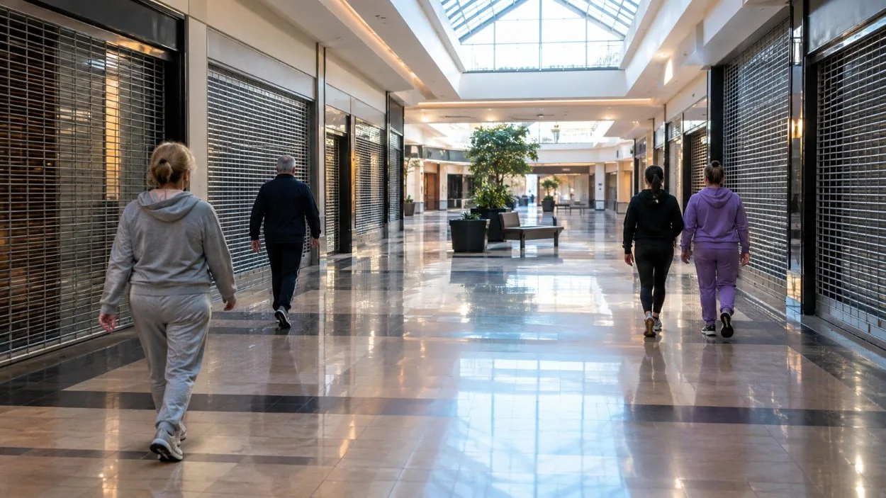 Frühmorgendliche Walker auf einer leeren Mall-Ebene mit geschlossenen Ladengittern