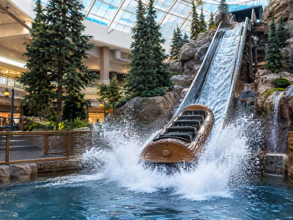 Der Spritzer der Wildwasserbahn Log Chute mit den Bäumen des Parks im Hintergrund