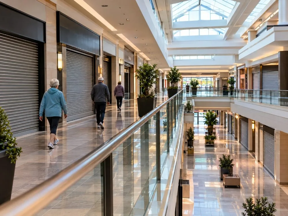 Frühe Spaziergänger auf einer leeren oberen Ebene vor Öffnung der Geschäfte